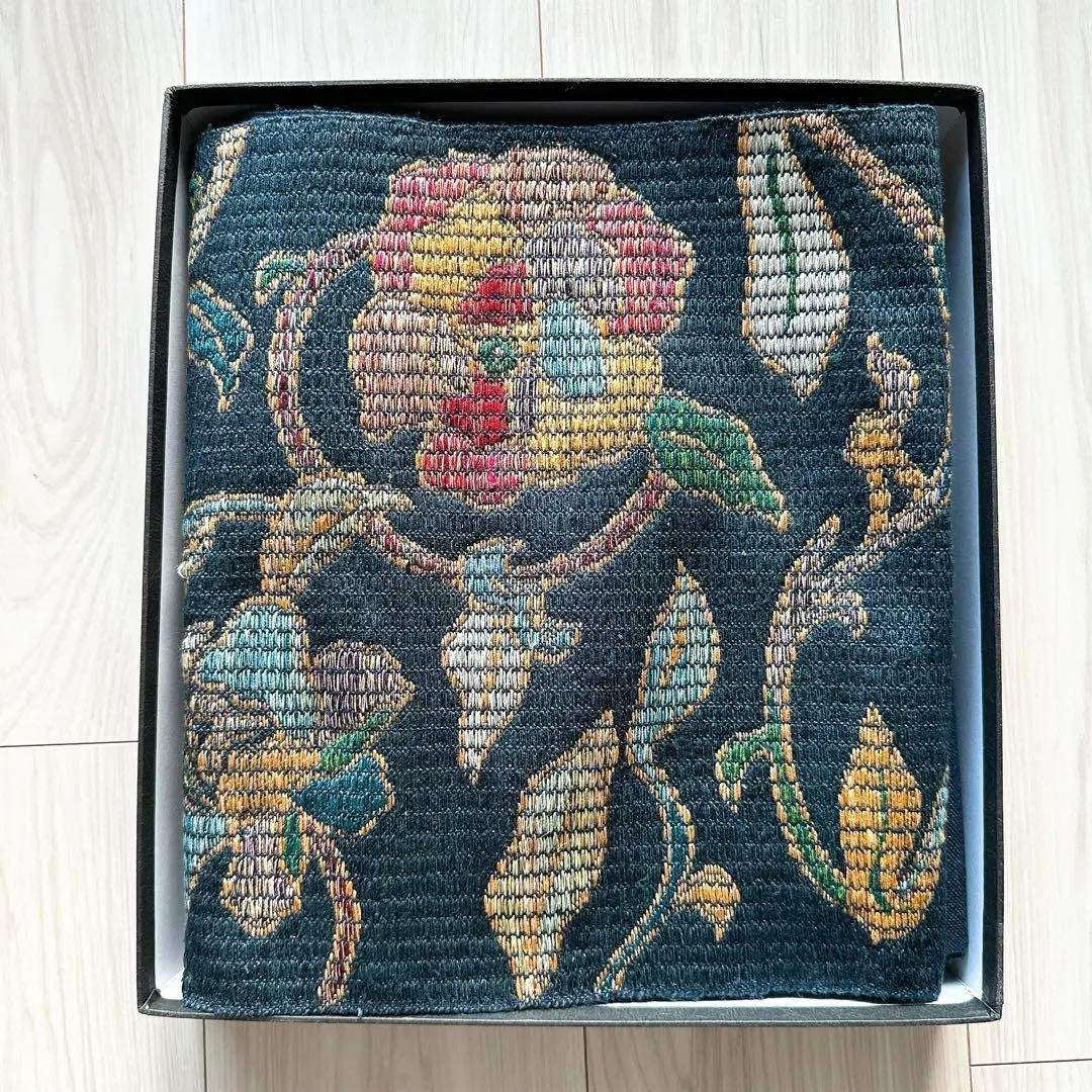 花柄刺繍 名古屋帯 絹 ダークブルー