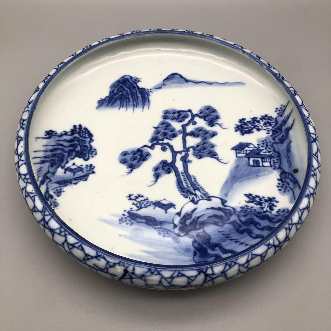 美品　陶器　年代物　盛り皿　飾り絵皿　藍の色合いが素晴らしい　古道具 希少年代物⭐️藍染山水画平鉢飾り皿アンティーク陶磁器B - メルカリ