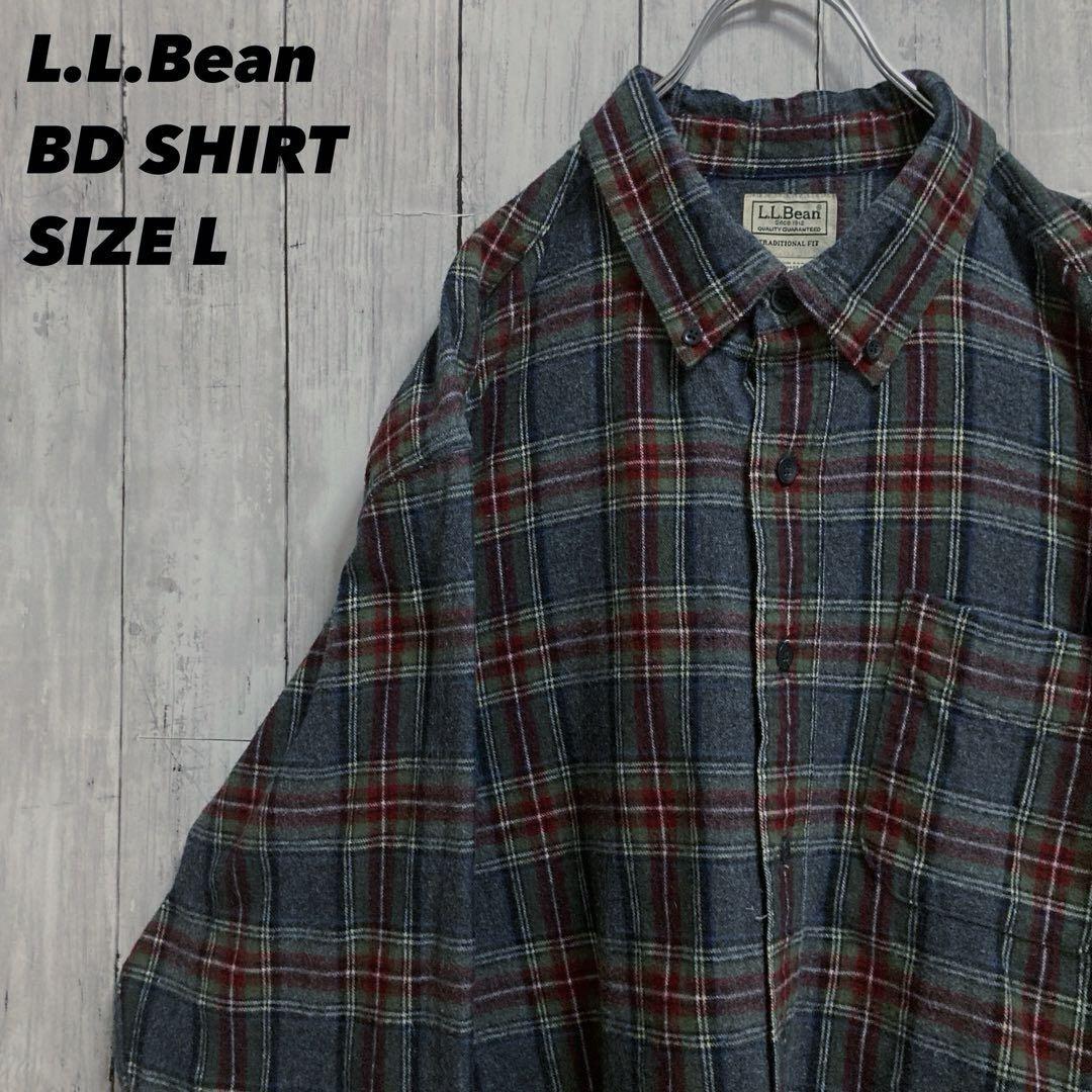 古着　L.L.Bean エルエルビーン　長袖チェックフランネルBDシャツLグレー
