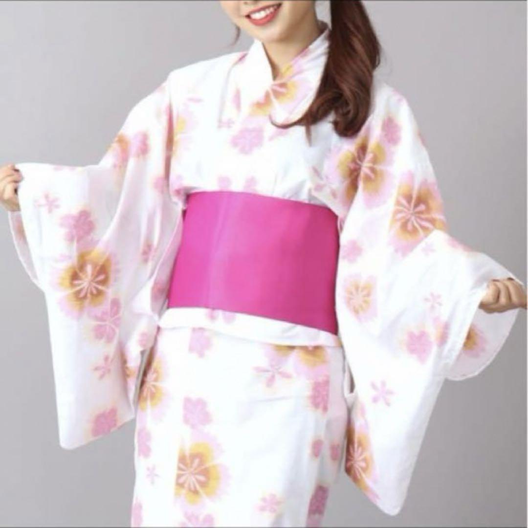 未使用 浴衣 3点 セット ホワイト ピンク 花柄 レディース