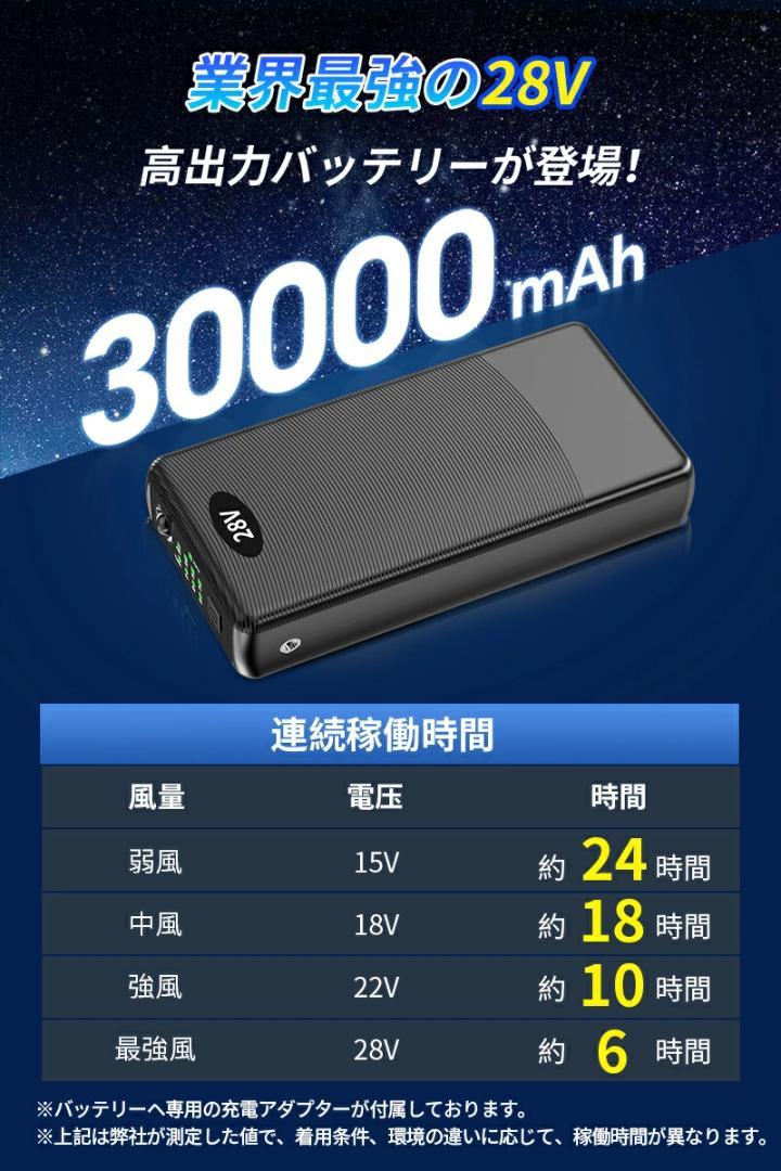 空調服 28V高出力！30000mAHファンバッテリー セット 24段階風速調節