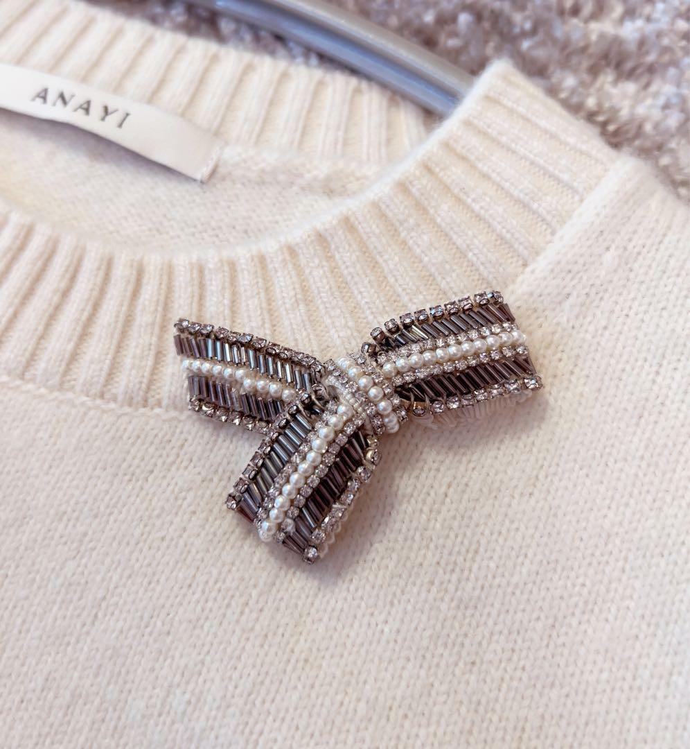 ANAYI ウールカシミヤリボンビジュー プルオーバー 38 ANAYI ウールカシミヤリボンビジュー プルオーバー 38