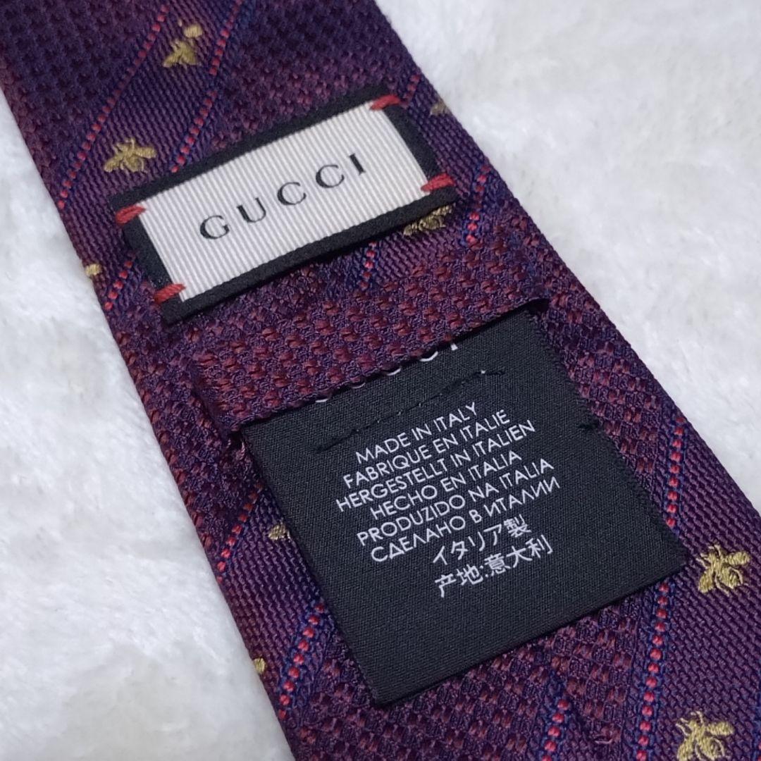 極美品■GUCCI　グッチ　ネクタイ　ボルドー系　ハチ　bee　蜂　ストライプ