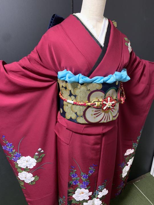 大人気国産 艶やかなワインレッドに白ボタン 正絹 LgXh3-m83954556626 豪華振袖7点フルセット 好評最新品