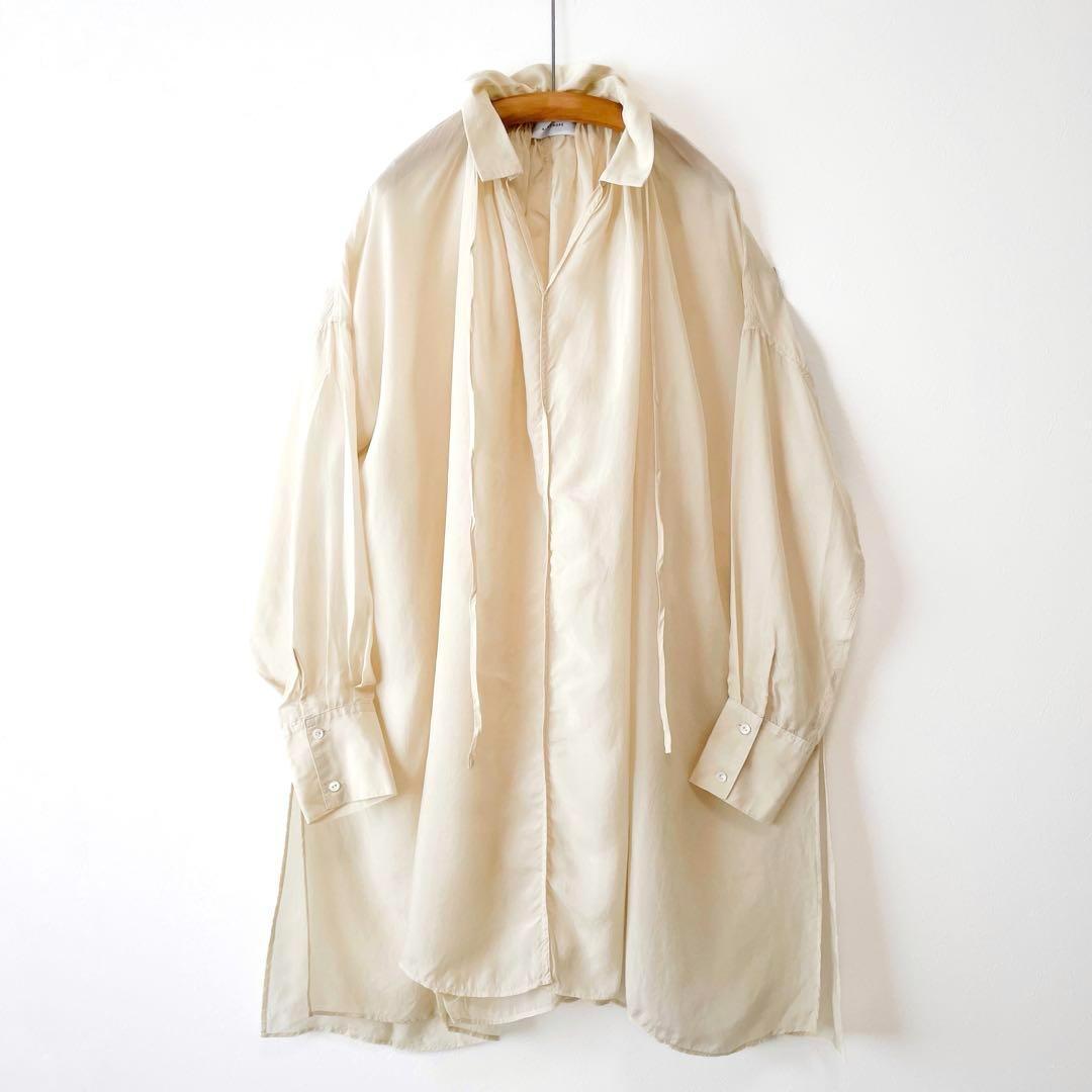 美品 アダムエロペ ギャザーチュニックブラウス スタンドカラー ビッグシルエット