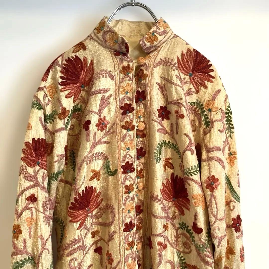 ヴィンテージ 花柄 刺繍 チャイナ ブラウス ジャケットM
