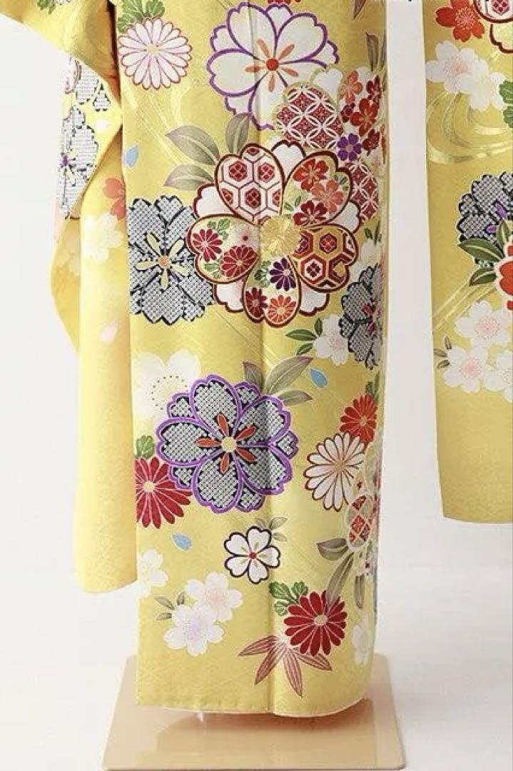 ＼半額SALE／ 振袖 身長153-168cm 黄色 正絹 大小の桜や菊の花 着物・浴衣
