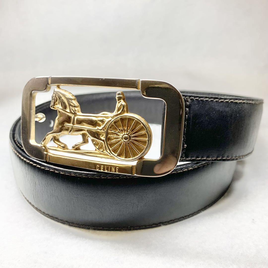 【美品】CELINE セリーヌ 馬車金具 ベルト ゴールド ブラック イタリア製 美品】CELINE セリーヌ 馬車金具 ベルト ゴールド ブラック