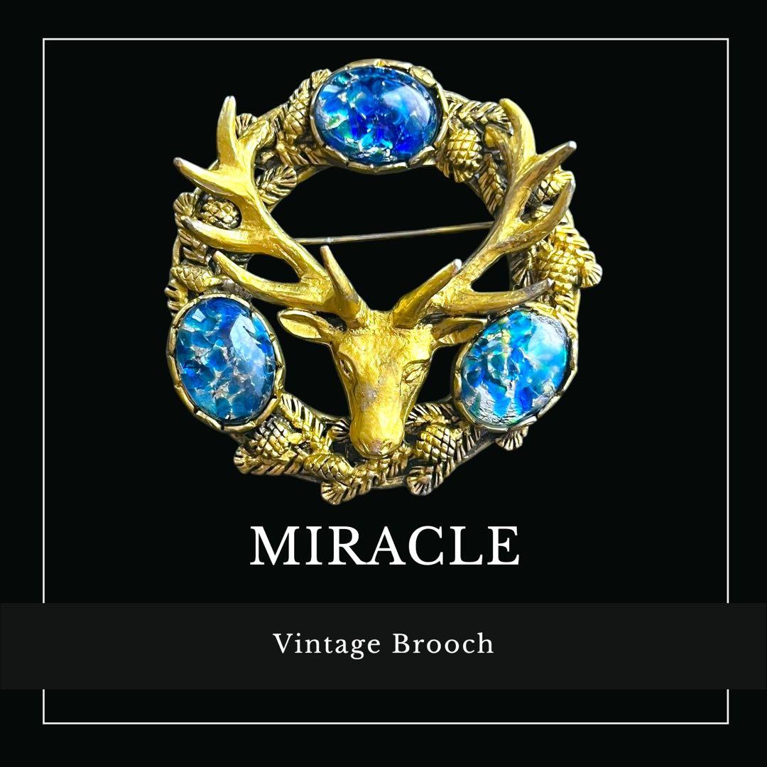 MIRACLE☆ブルーファイアオパール☆ディアヘッド☆ゴールドピューターブローチ