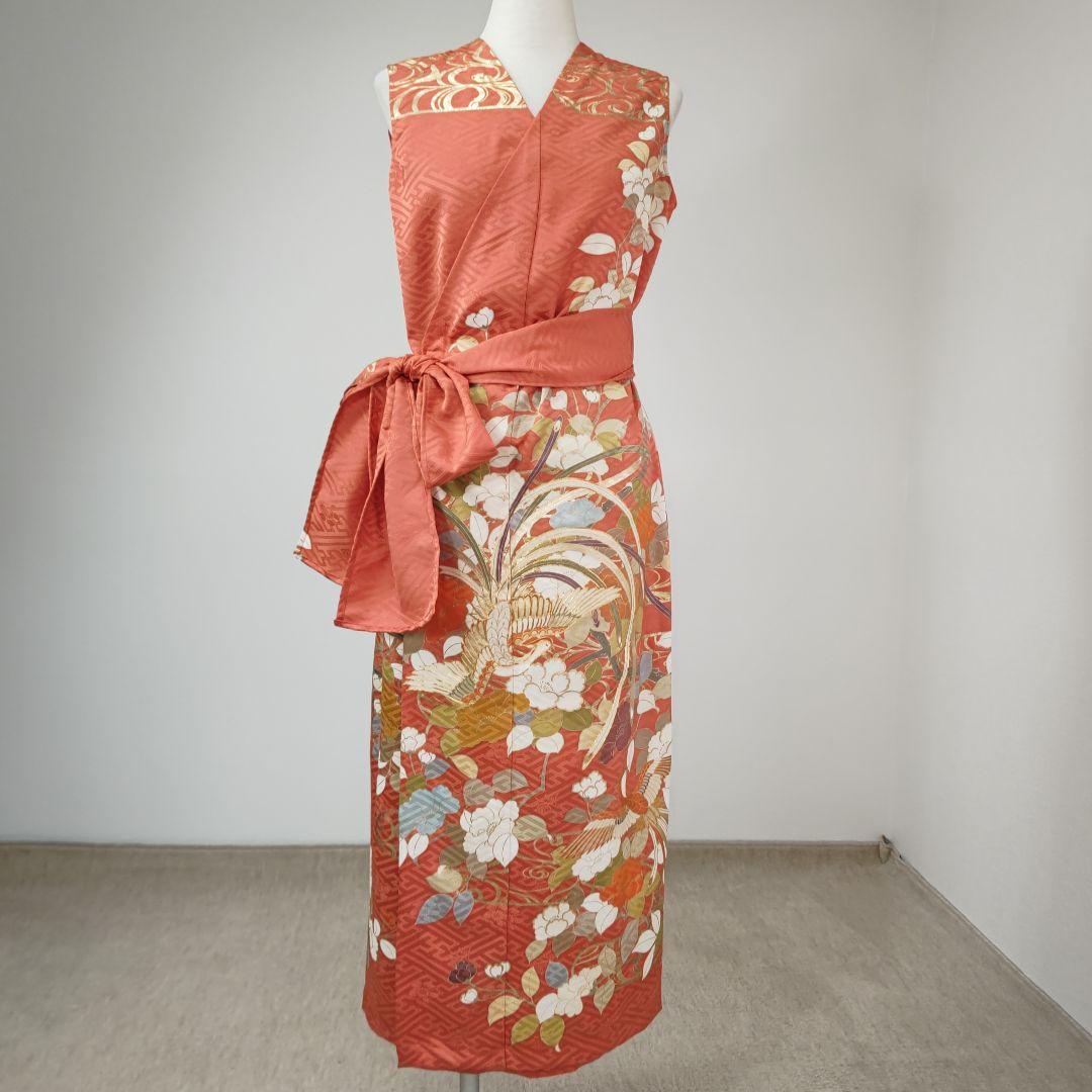 zunezune 振袖 巻きドレス ノースリーブ 着物リメイク オレンジ鳳凰M