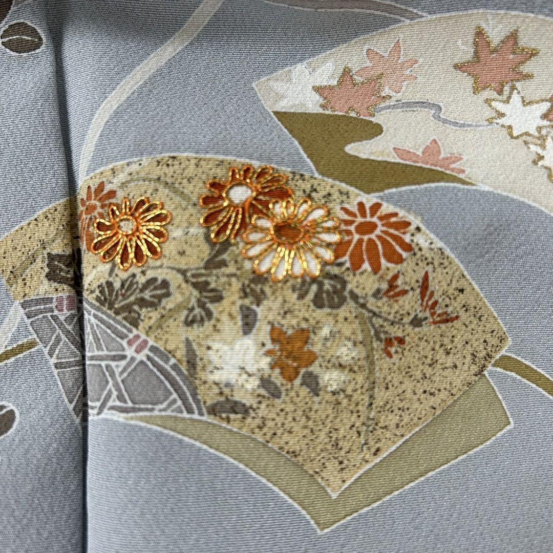 付け下げ 正絹 紋無し 扇に花 金駒刺繍 広衿 袷 着物 T-2709