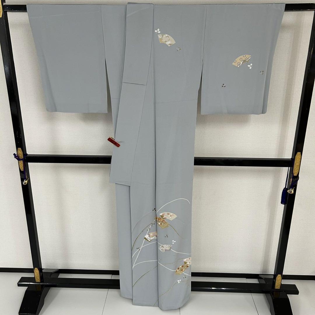 付け下げ 正絹 紋無し 扇に花 金駒刺繍 広衿 袷 着物 T-2709