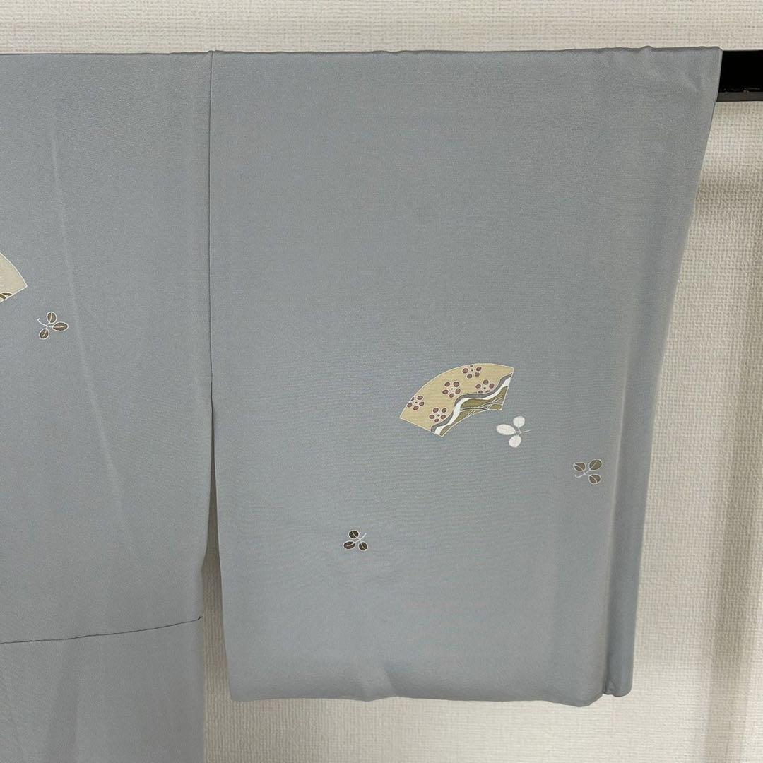付け下げ 正絹 紋無し 扇に花 金駒刺繍 広衿 袷 着物 T-2709