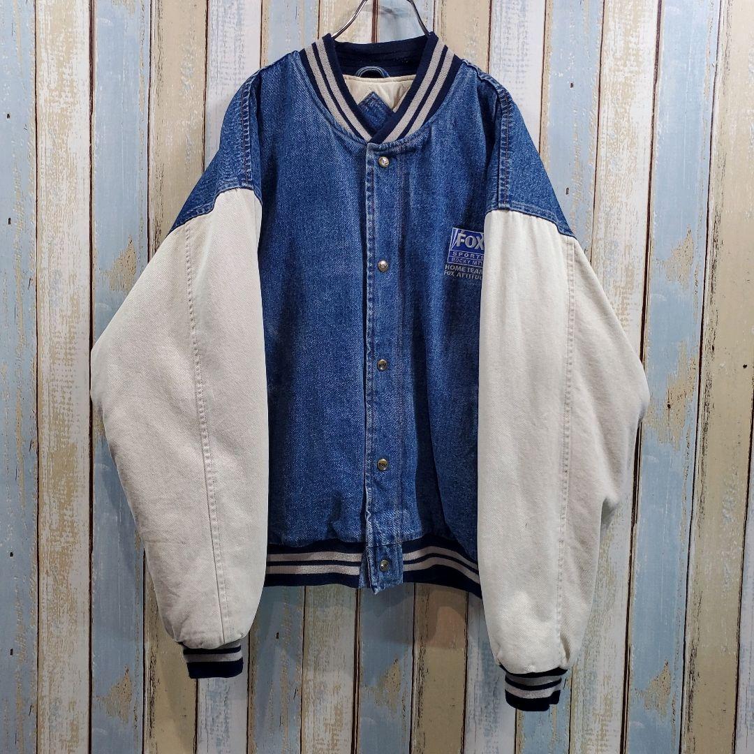 M123☆ビンテージ☆デニムスタジャン☆中綿入り☆90s☆企業ロゴ刺繍☆Lサイズ