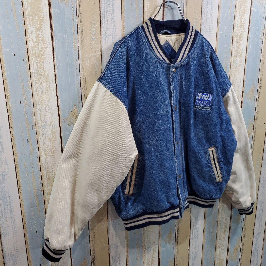M123☆ビンテージ☆デニムスタジャン☆中綿入り☆90s☆企業ロゴ刺繍☆Lサイズ