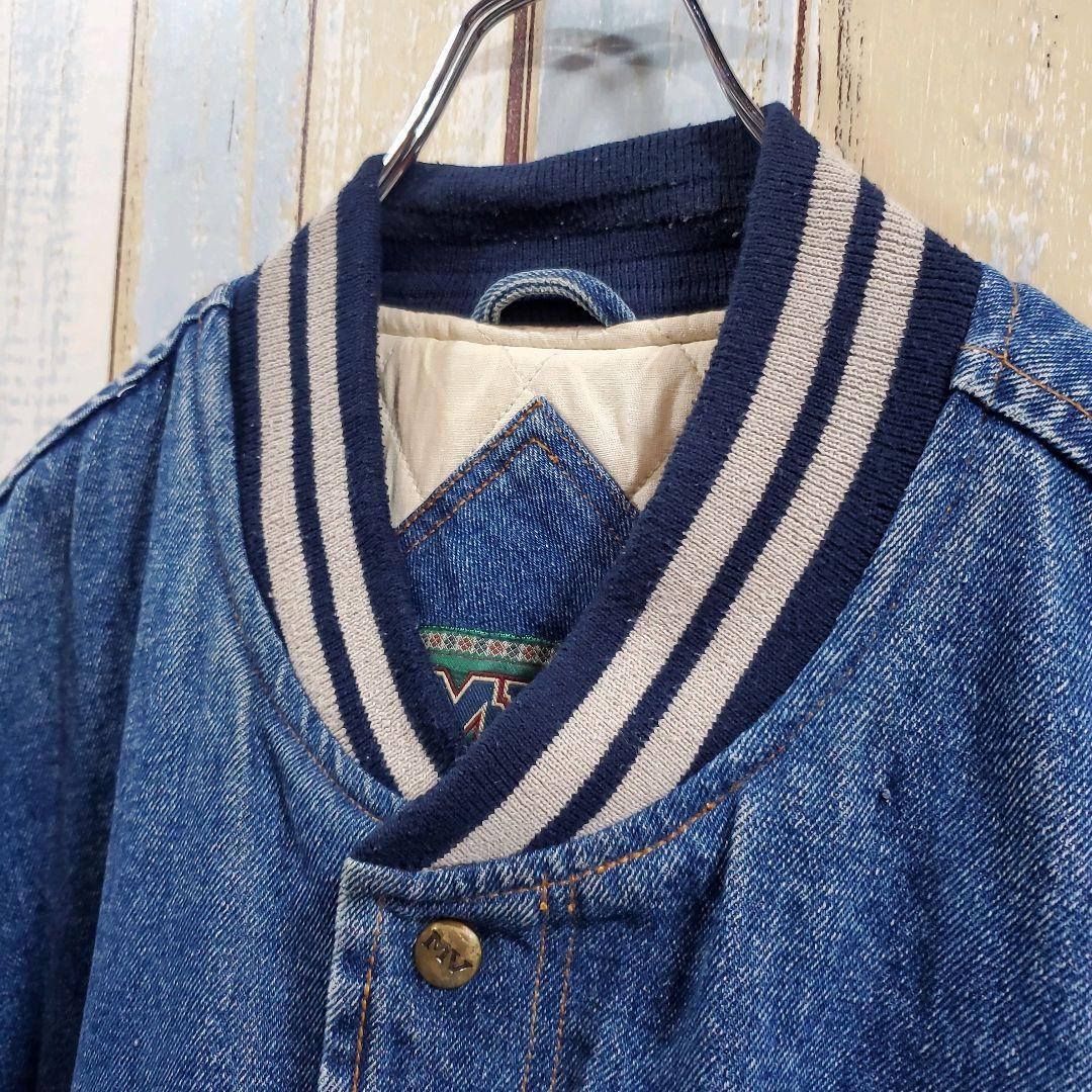 M123☆ビンテージ☆デニムスタジャン☆中綿入り☆90s☆企業ロゴ刺繍☆Lサイズ
