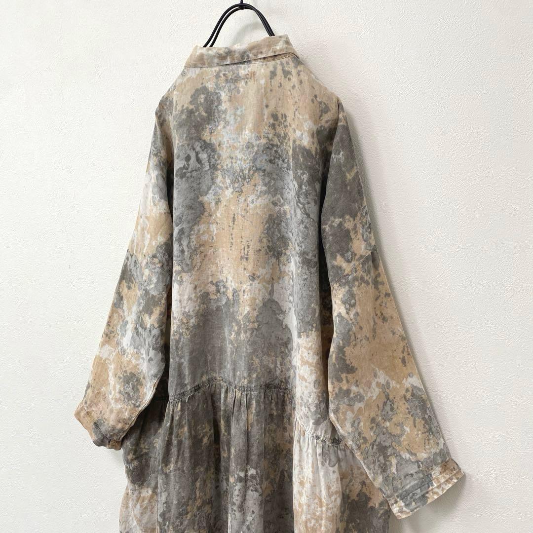 イチアンティークス　墨×柿渋　手染めリネン　ロングシャツワンピース