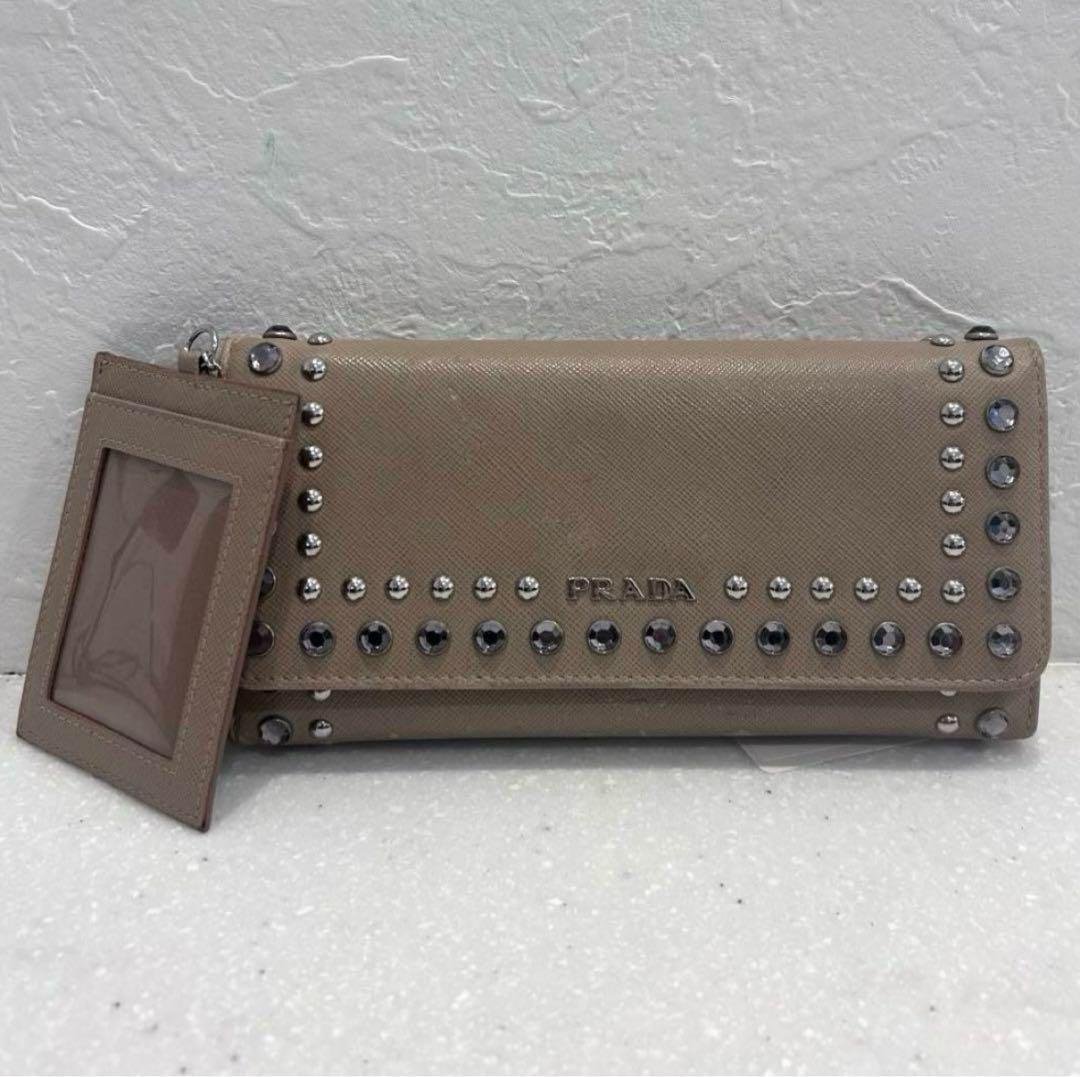 PRADA ジップウォレット ベージュ ストーン パスケース付き 長財布 プラダ