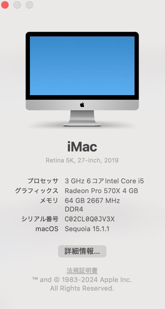 Apple iMac 27インチ 2019 1TB SSD メモリー64G増設
