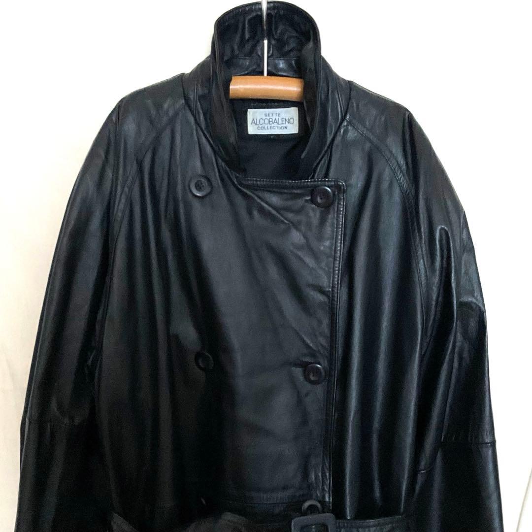 80s 羊本革 トレンチコート ロング 黒 ベルト付 ユニセックス レア