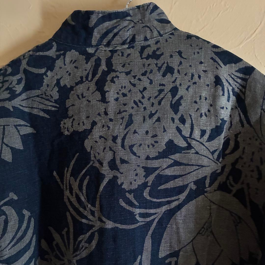 45R★リネンロータスプリントのクローバーノットドレス（インディゴ）