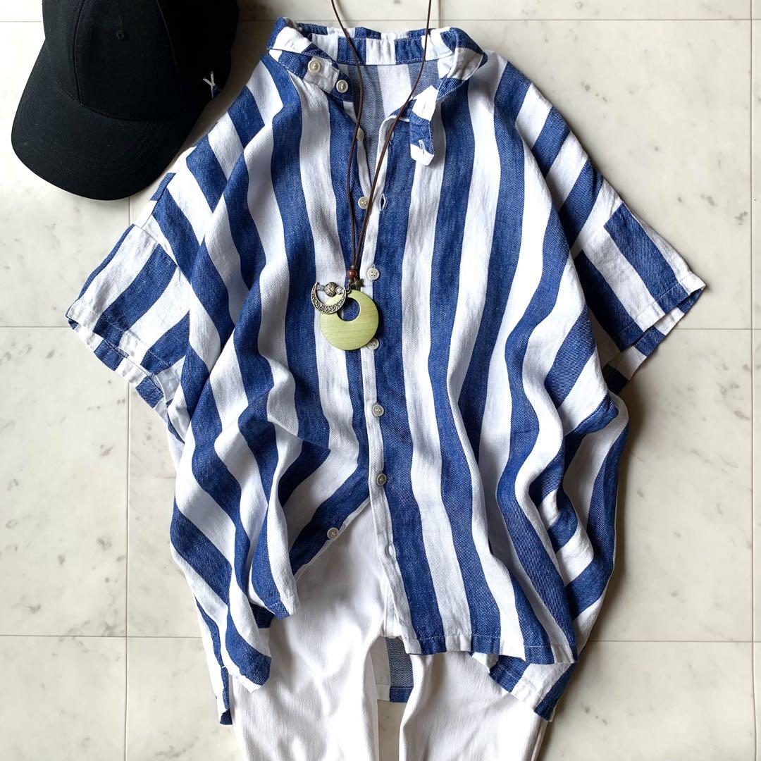 ネストローブ nest robe リネンストライプシャツ チビ襟 麻100