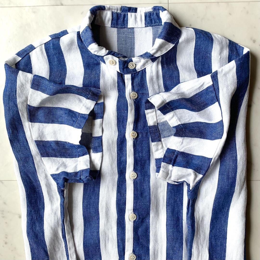 極美品★nest Robe｜ブルー ストライプ リネンシャツ 麻100% ネストローブ nest robe リネンストライプシャツ チビ襟 麻100