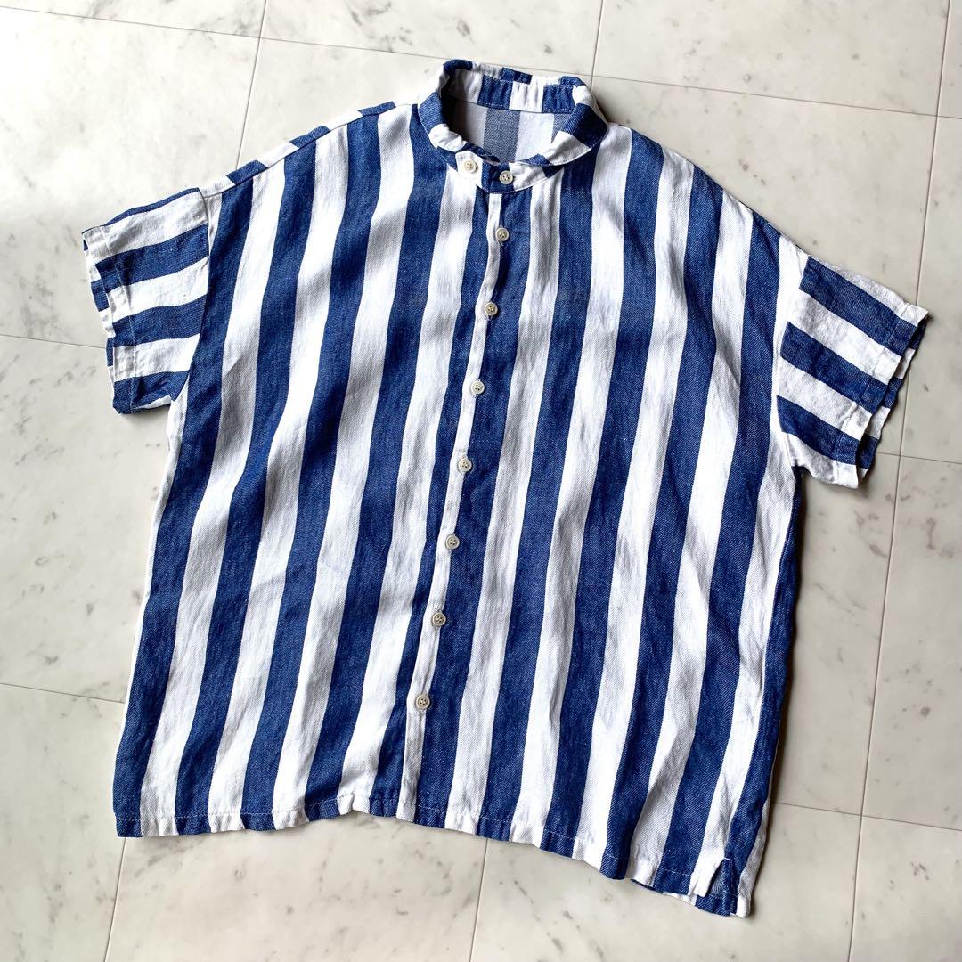 極美品★nest Robe｜ブルー ストライプ リネンシャツ 麻100% ネストローブ nest robe リネンストライプシャツ チビ襟 麻100