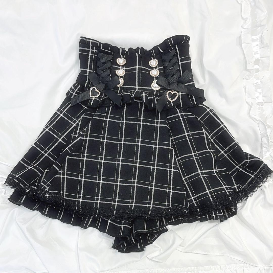 ♡LIZLISA♡レースアップサスペンダー付スカパン ブラックチェック