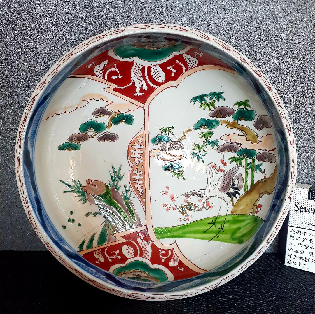 明治時代 古伊万里 錦手 松竹梅に鶴亀の図 24.7cm鉢 - メルカリ