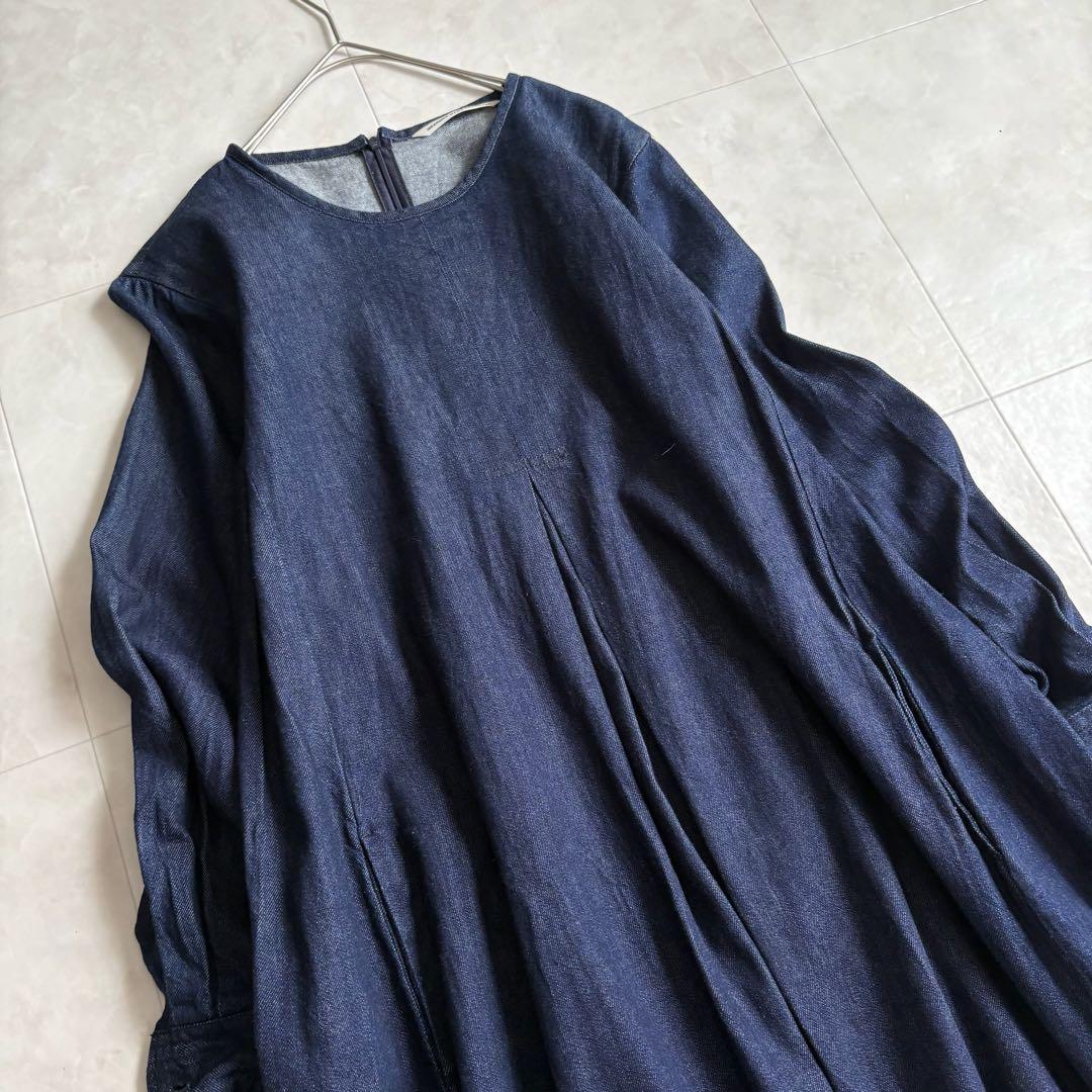 グランマママドーター デニムロングワンピース 紺 Aラインタック 長袖