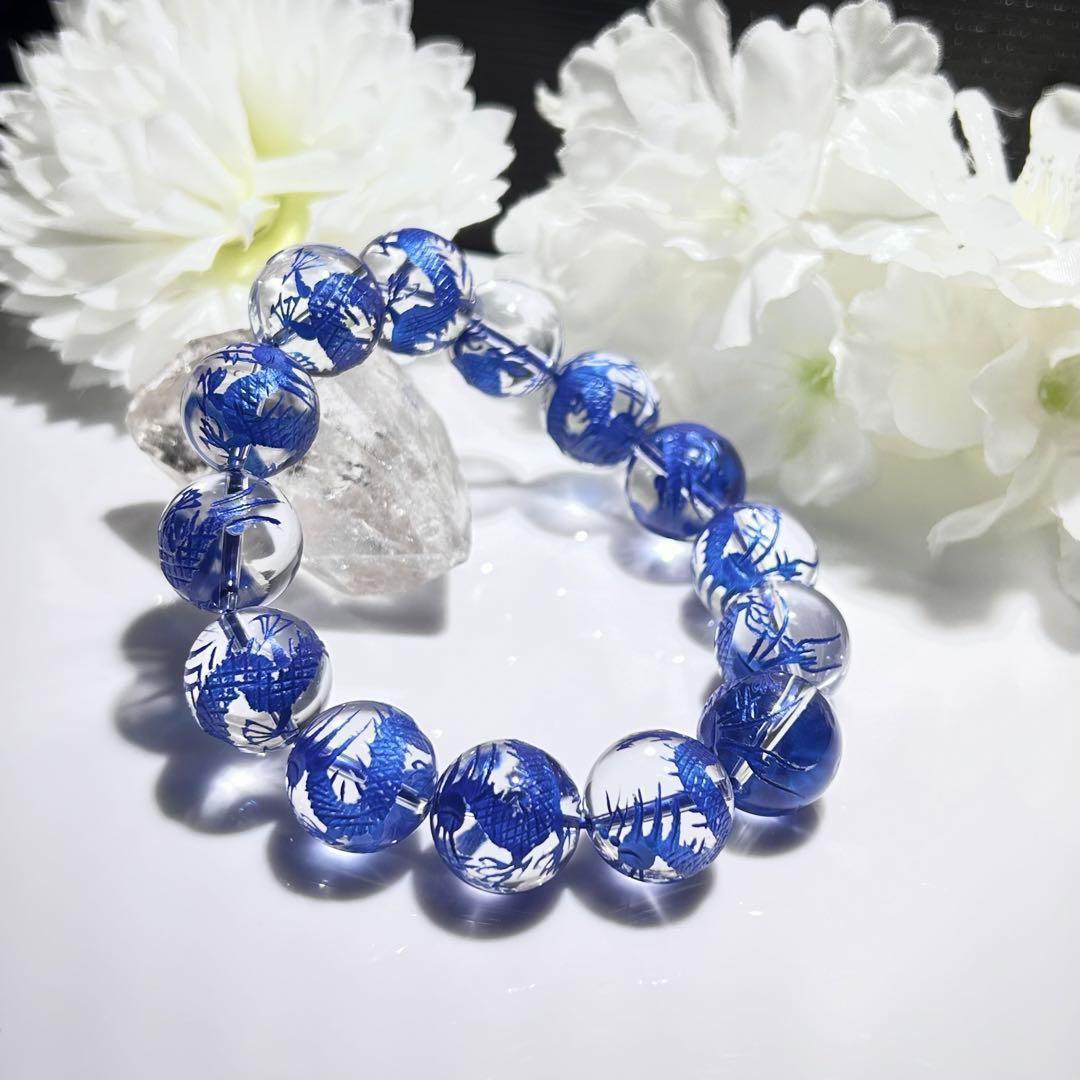 迫力！高品質水晶 龍彫刻 ブレスレット 青色 16mm 約18cm 五