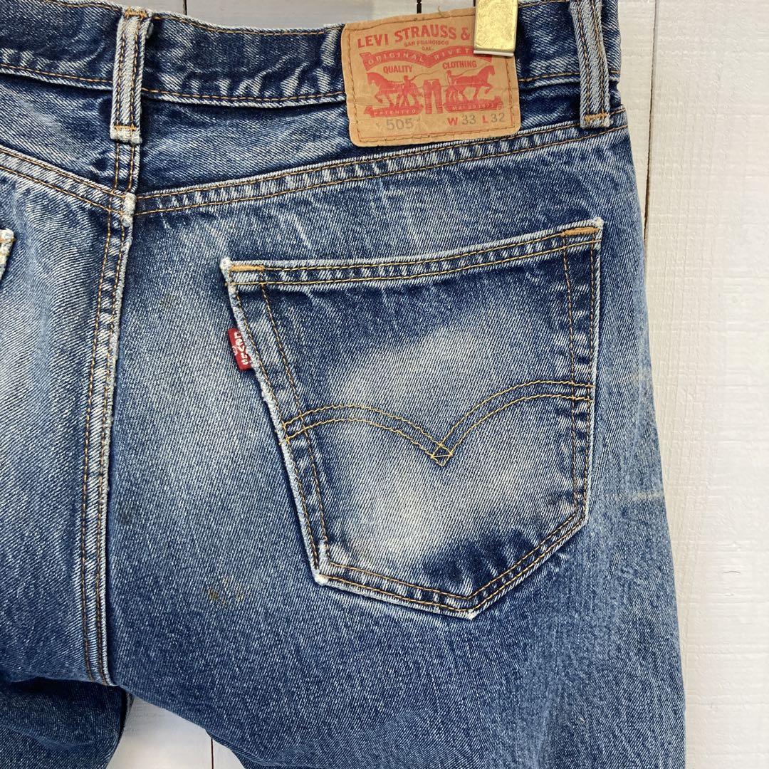 ★送料無料★Levis505★濃紺インディゴ ダメージリペア 鬼ヒゲ★W33
