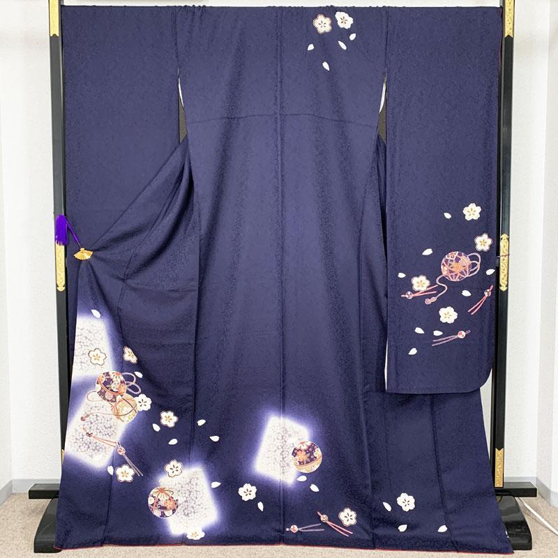 507z34☆振袖 高身長な方に 古典柄 金駒刺繍 毬 紺☆美品 成人式