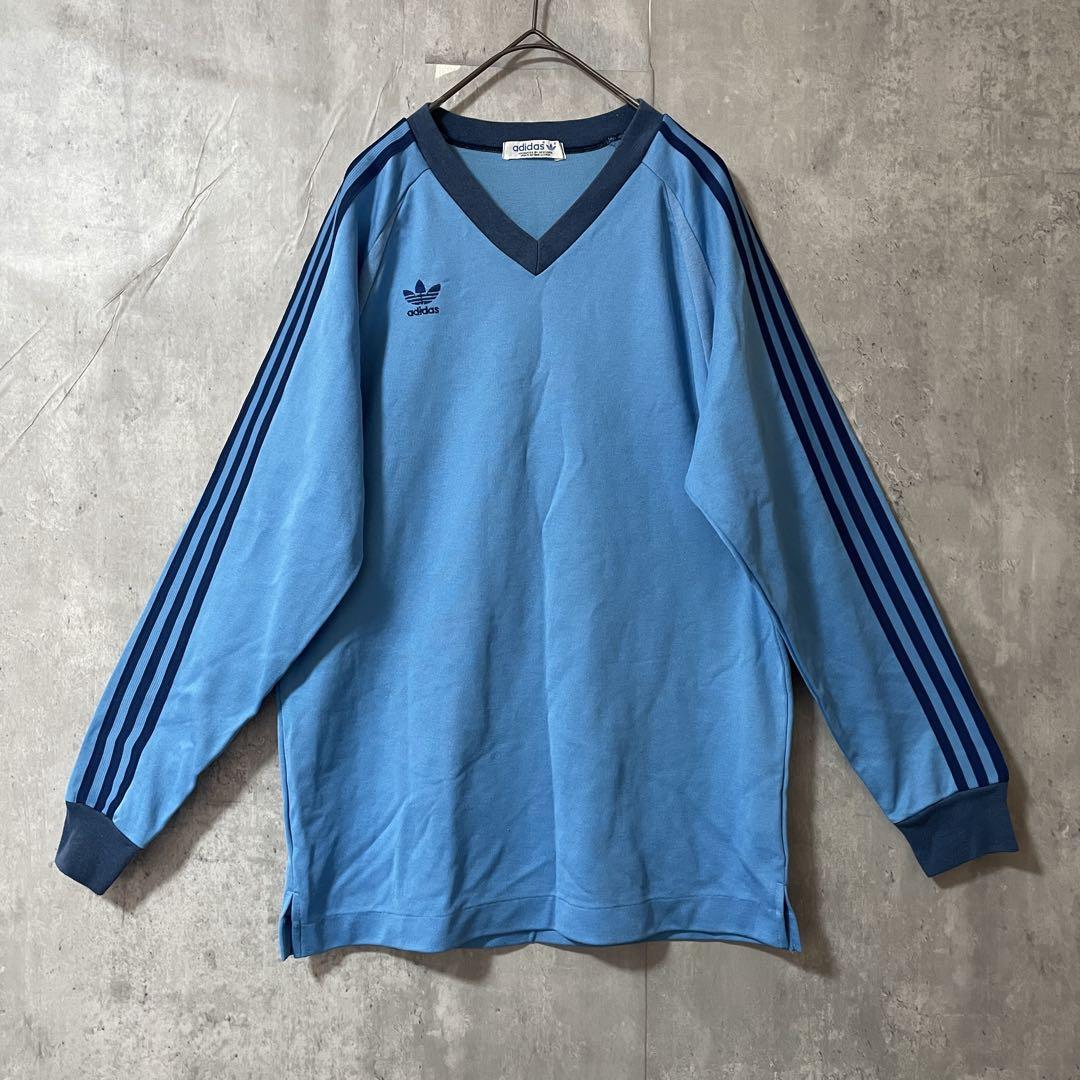 adidasアディダス長袖tシャツロンtカットソージャージVネックジャージ水色紺