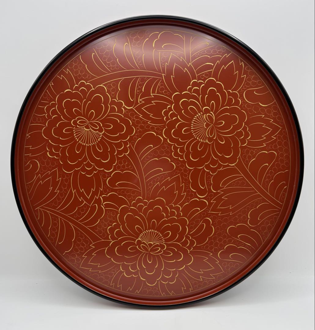 稲忠漆芸堂 輪島塗 丸盆 赤 芍薬模様 シャクヤク 30cm