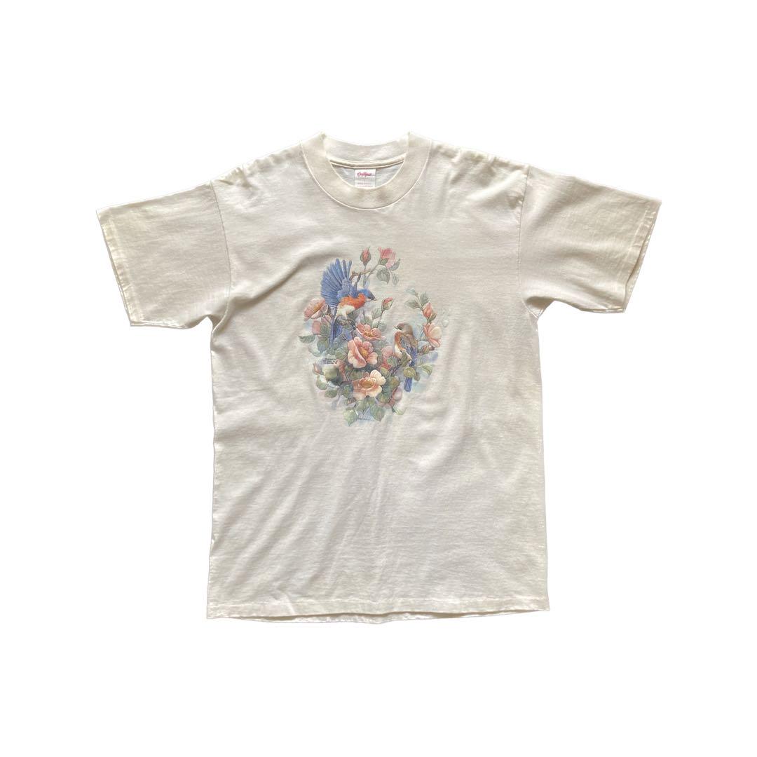 【雰囲気◎】80s ヴィンテージプリントTシャツ L 花 鳥 生成り USA製