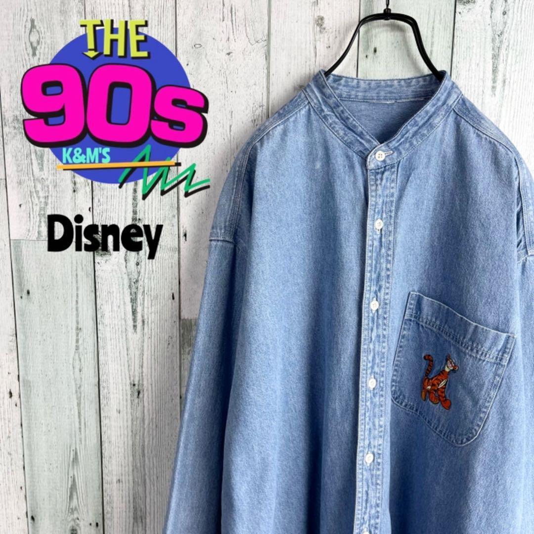 90's Disney ディズニー ティガー刺繍 ノーカラーデニムシャツ