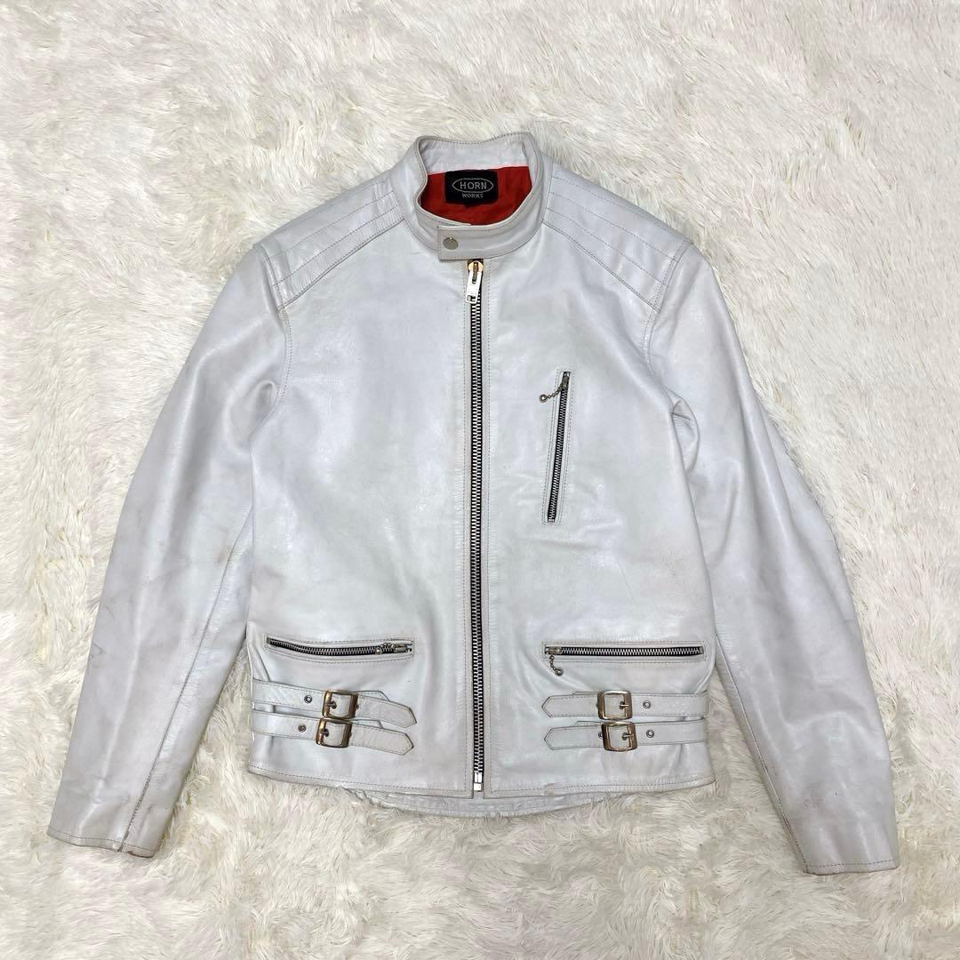 ホーンワークス シングルライダース 白 リアルレザー 本革 裏地赤 牛革 ホーンワークス シングルライダース 白 リアルレザー 本革 裏地赤 牛革