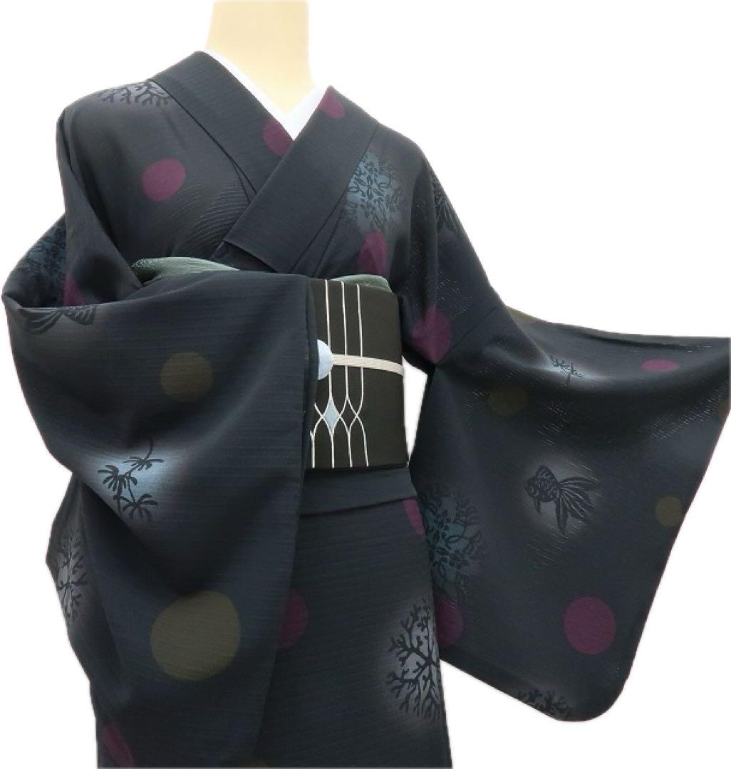美品 撫松庵謹製 金魚 トールサイズ 絽 小紋 着物 A3011