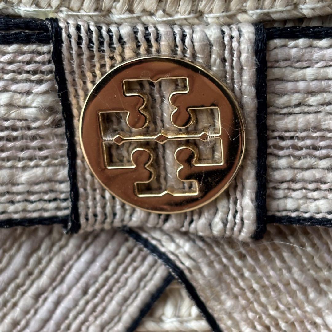 美品 トリーバーチ TORY BURCH 麦わら帽子 ラフィア リボン ロゴ