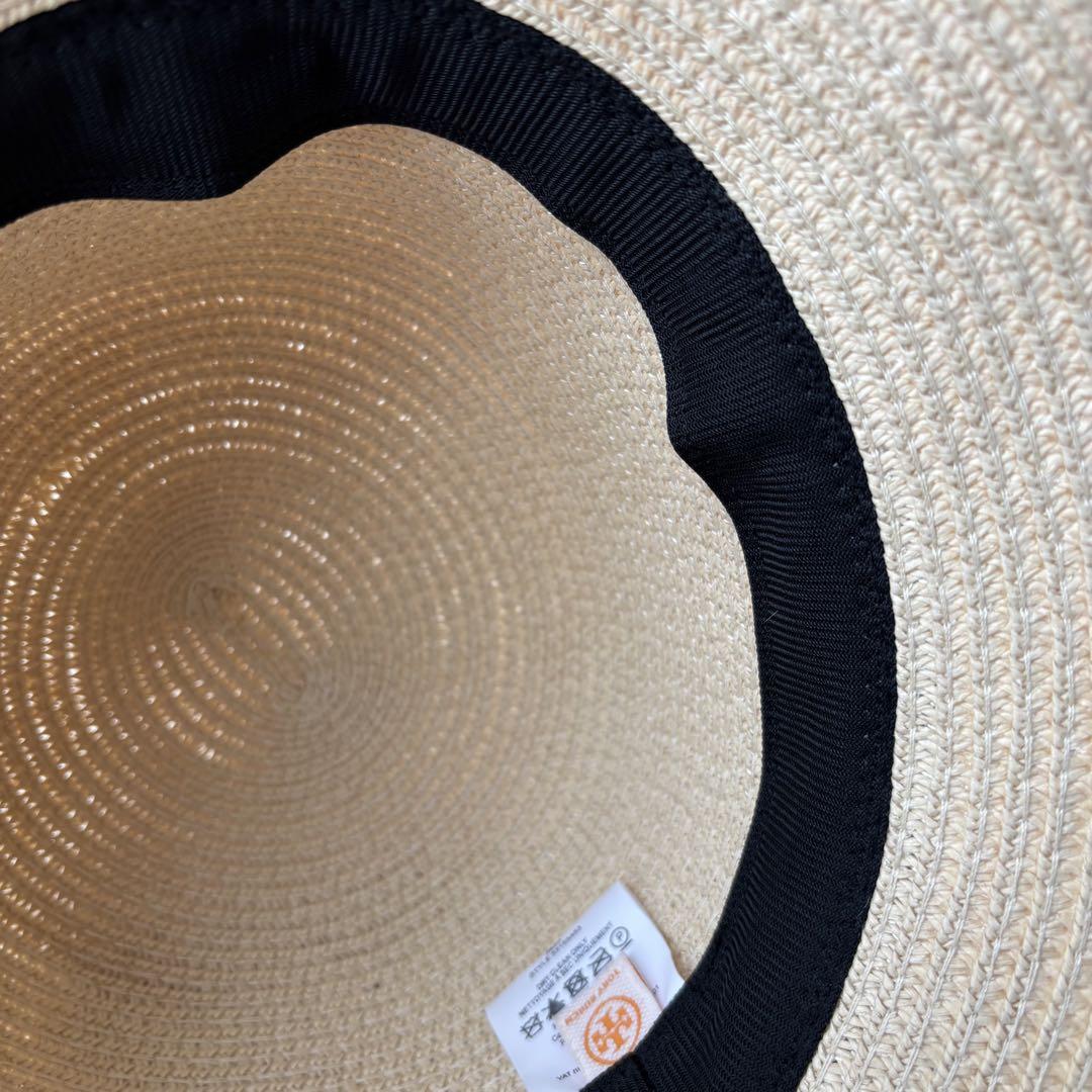 美品 トリーバーチ TORY BURCH 麦わら帽子 ラフィア リボン ロゴ