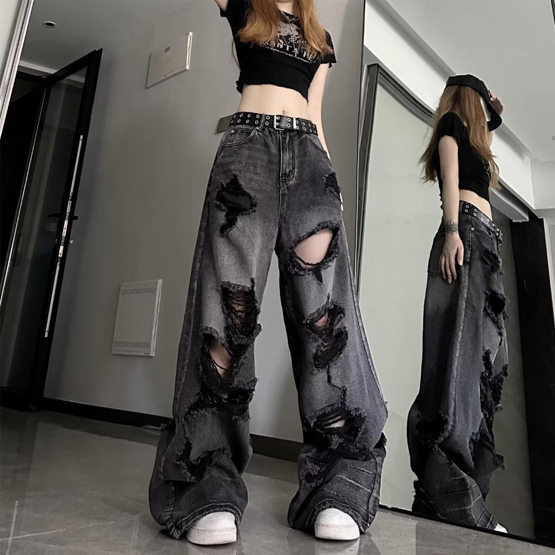 新品✨️クラッシュダメージルーズデニムパンツ XL ブラック