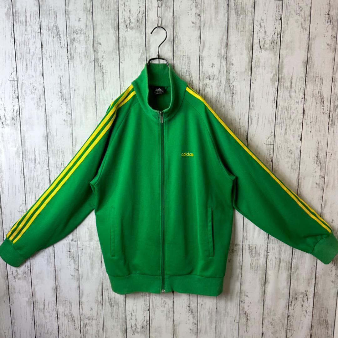 【希少】adidas トラックジャケット刺繍ロゴ XL イエロー/グリーン 激レアカラー】アディダス ジャージ トラックジャケット XL 刺繍