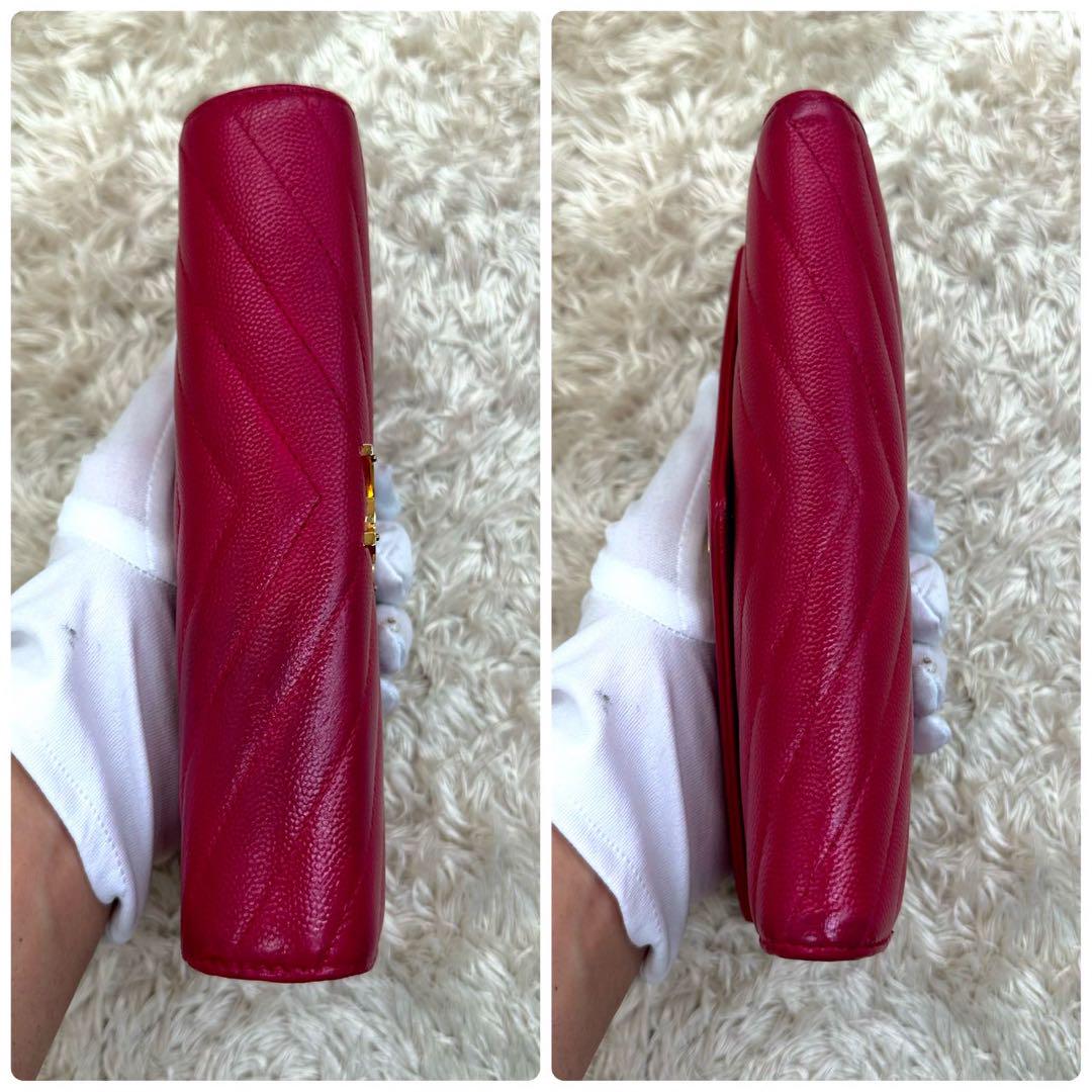 【美品】サンローラン 長財布 ピンク フラップ Vステッチ キャビアスキン