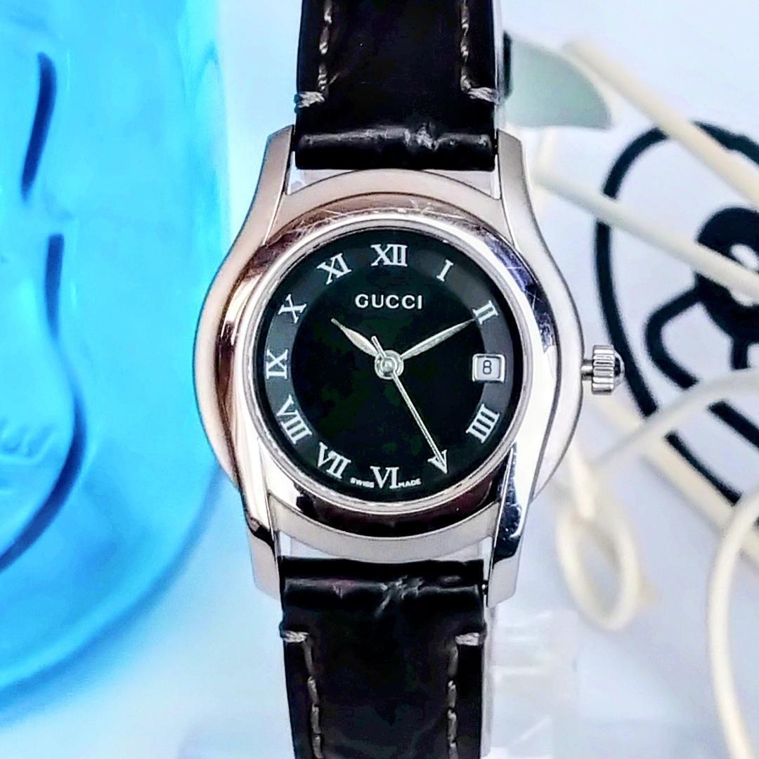 美品 GUCCIグッチ レディース腕時計ブラック 5500Lセレブ 革ベルト€