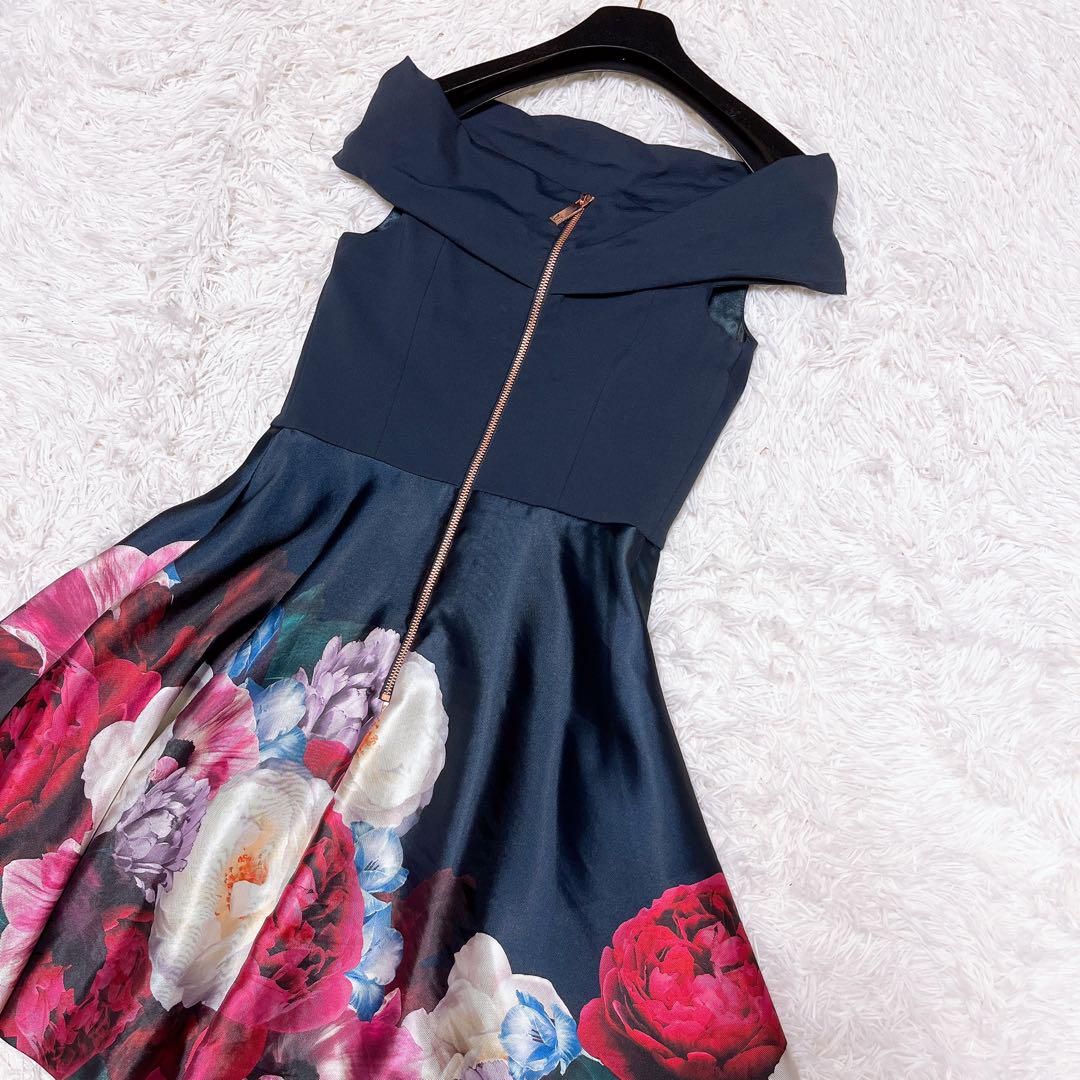 TED BAKER オフショル 花柄 フレア ワンピース ドレス ネイビー