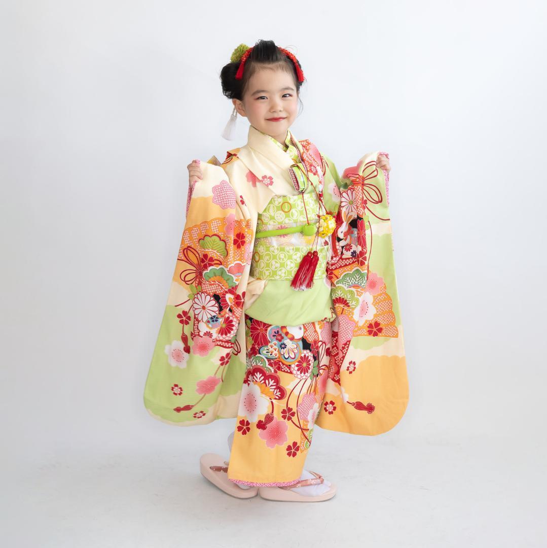 【七五三7歳/3歳髪飾り緑/黄色E】日本髪かのこ（鹿の子）ちんころ/水引き組み紐 七五三7歳/3歳髪飾り緑/黄色E】日本髪かのこ（鹿の子）ちんころ