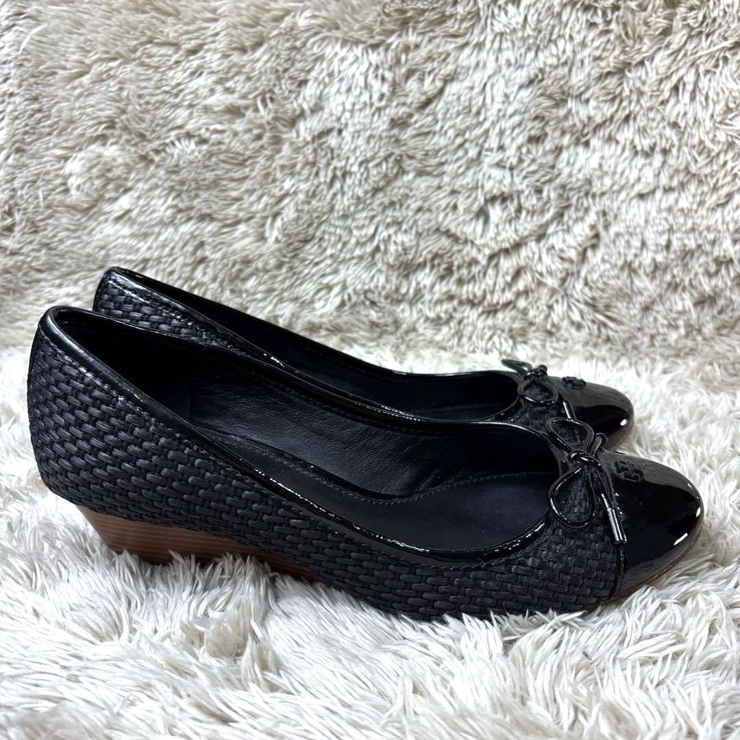 BURCHストロー素材レザーウェッジソールパンプス23㎝