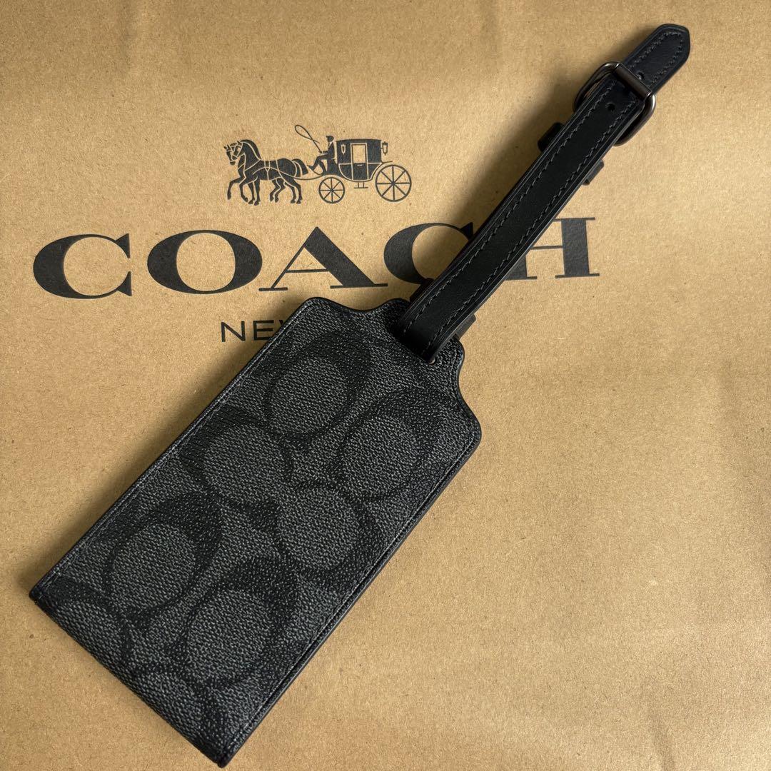 COACH ブラック チャコール　レザー 旅行　ラゲッジタグ　ネーム　黒　パス